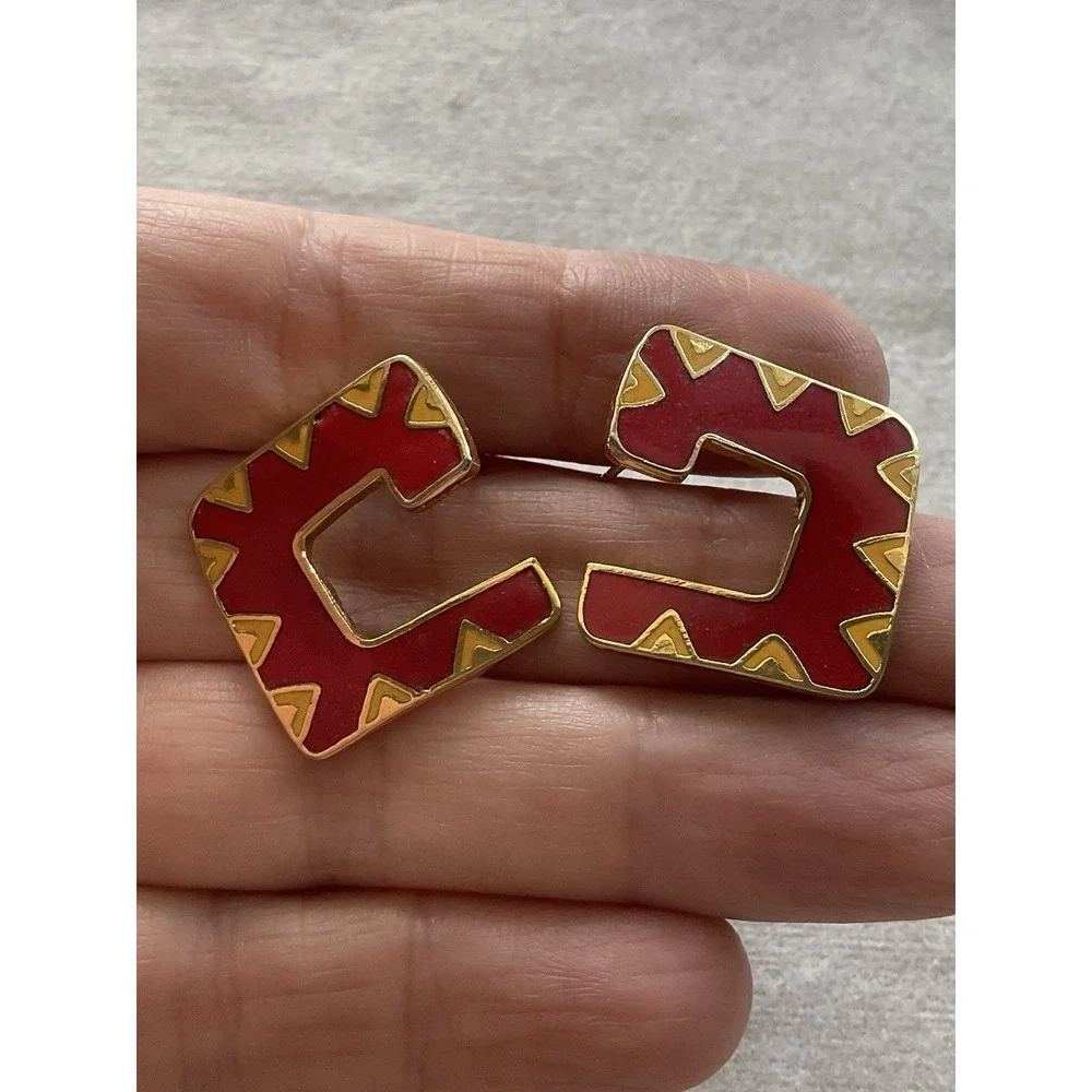 Laurel Burch "Galeza" square stud earrings Red Yellow Enamel Vintage - Picture 7 of 8